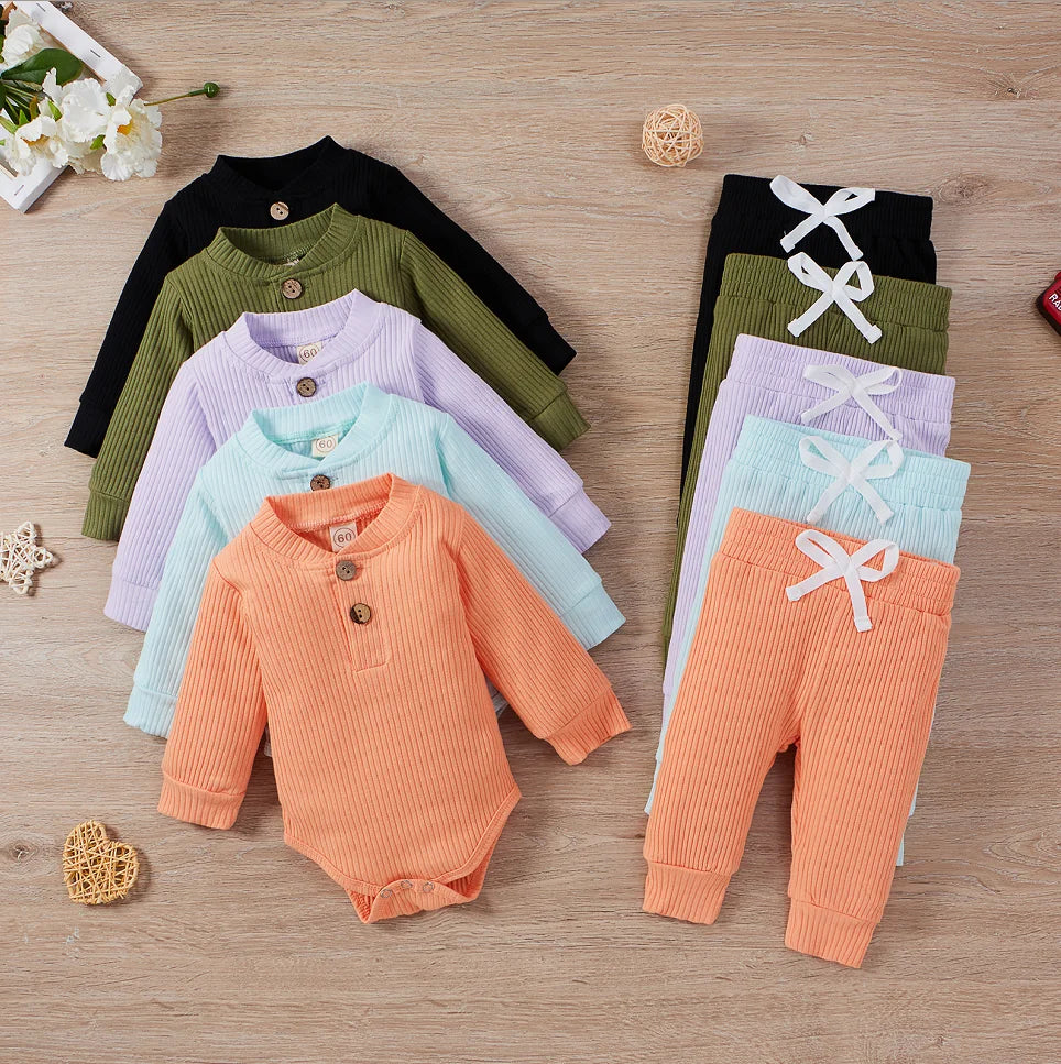 2-Piece Baby Outfit – Ribbed or Plaid Long Sleeve Bodysuit & Elastic Pants (Spring/Autumn)