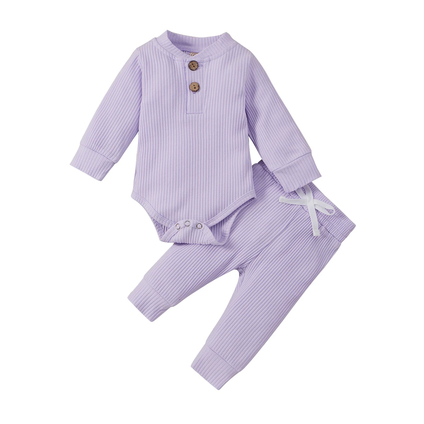 2-Piece Baby Outfit – Ribbed or Plaid Long Sleeve Bodysuit & Elastic Pants (Spring/Autumn)