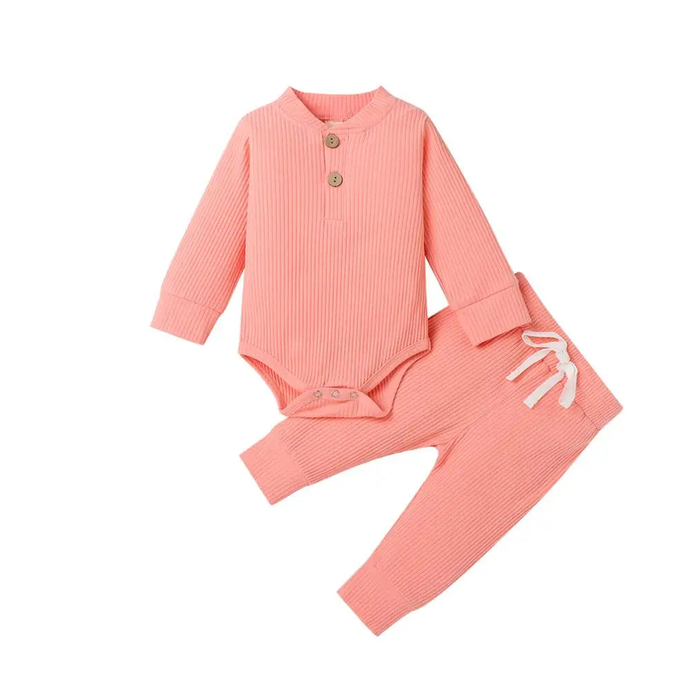 2-Piece Baby Outfit – Ribbed or Plaid Long Sleeve Bodysuit & Elastic Pants (Spring/Autumn)