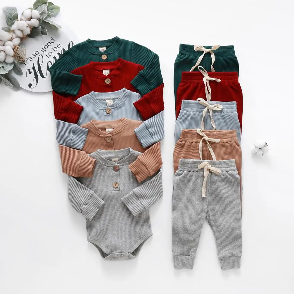 2-Piece Baby Outfit – Ribbed or Plaid Long Sleeve Bodysuit & Elastic Pants (Spring/Autumn)