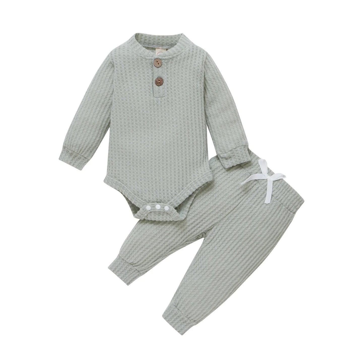 2-Piece Baby Outfit – Ribbed or Plaid Long Sleeve Bodysuit & Elastic Pants (Spring/Autumn)