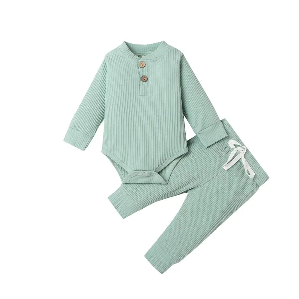 2-Piece Baby Outfit – Ribbed or Plaid Long Sleeve Bodysuit & Elastic Pants (Spring/Autumn)