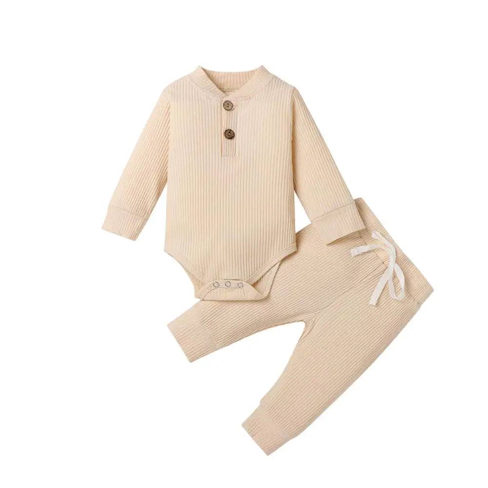 2-Piece Baby Outfit – Ribbed or Plaid Long Sleeve Bodysuit & Elastic Pants (Spring/Autumn)