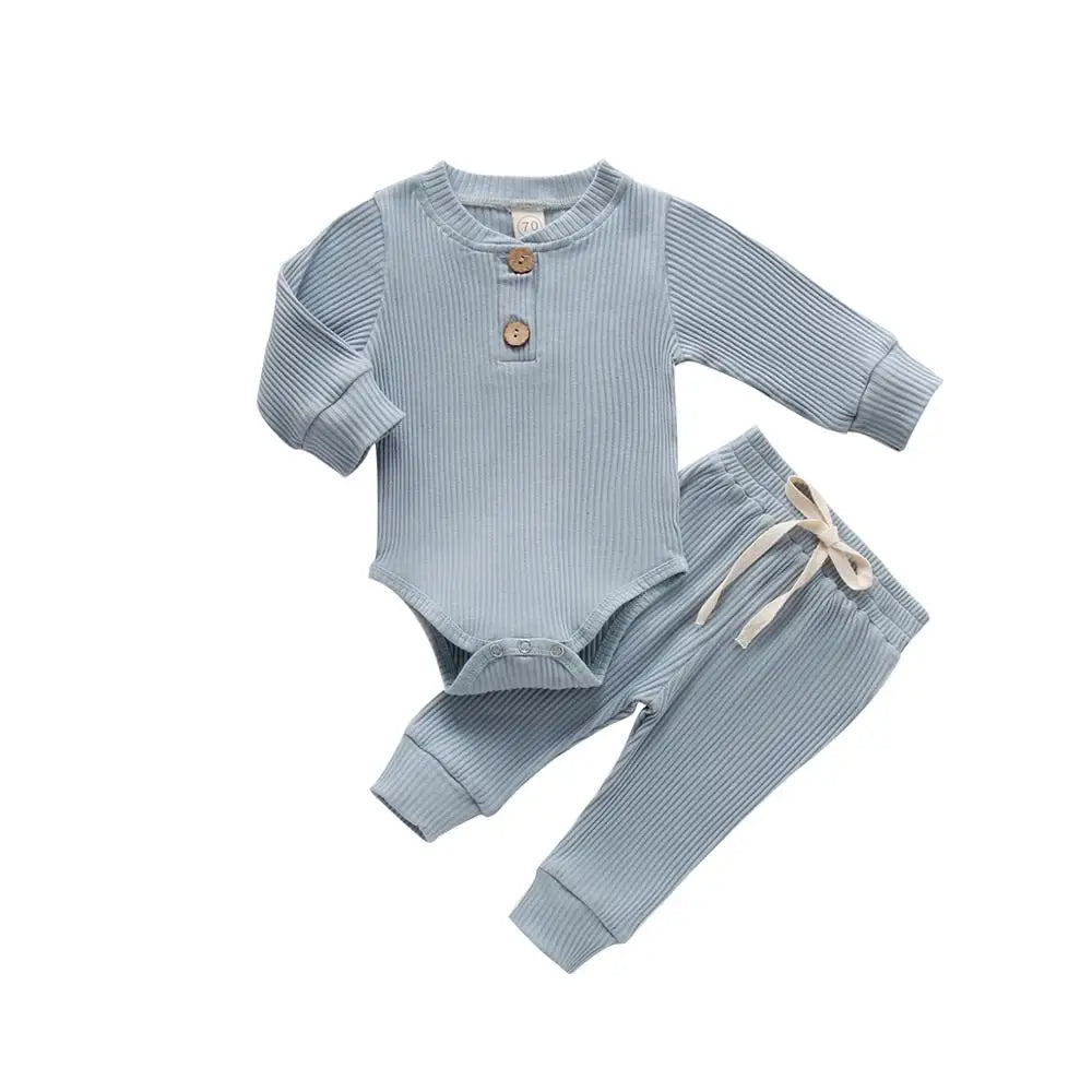 2-Piece Baby Outfit – Ribbed or Plaid Long Sleeve Bodysuit & Elastic Pants (Spring/Autumn)