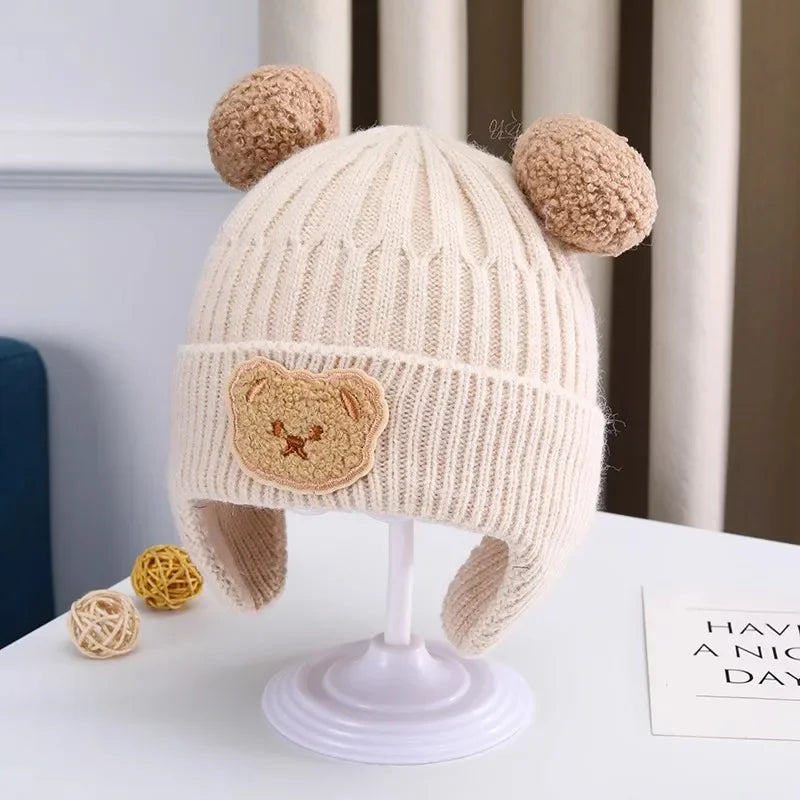 Baby Wool Hat – Cute Bear Design with Ear Protection, Warm Knitted Winter Hat for Kids