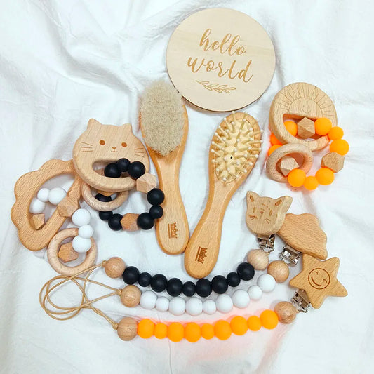 Wooden Baby Care Set – Hairbrush, Comb, Pacifier & Bath Toys (Perfect Gift)