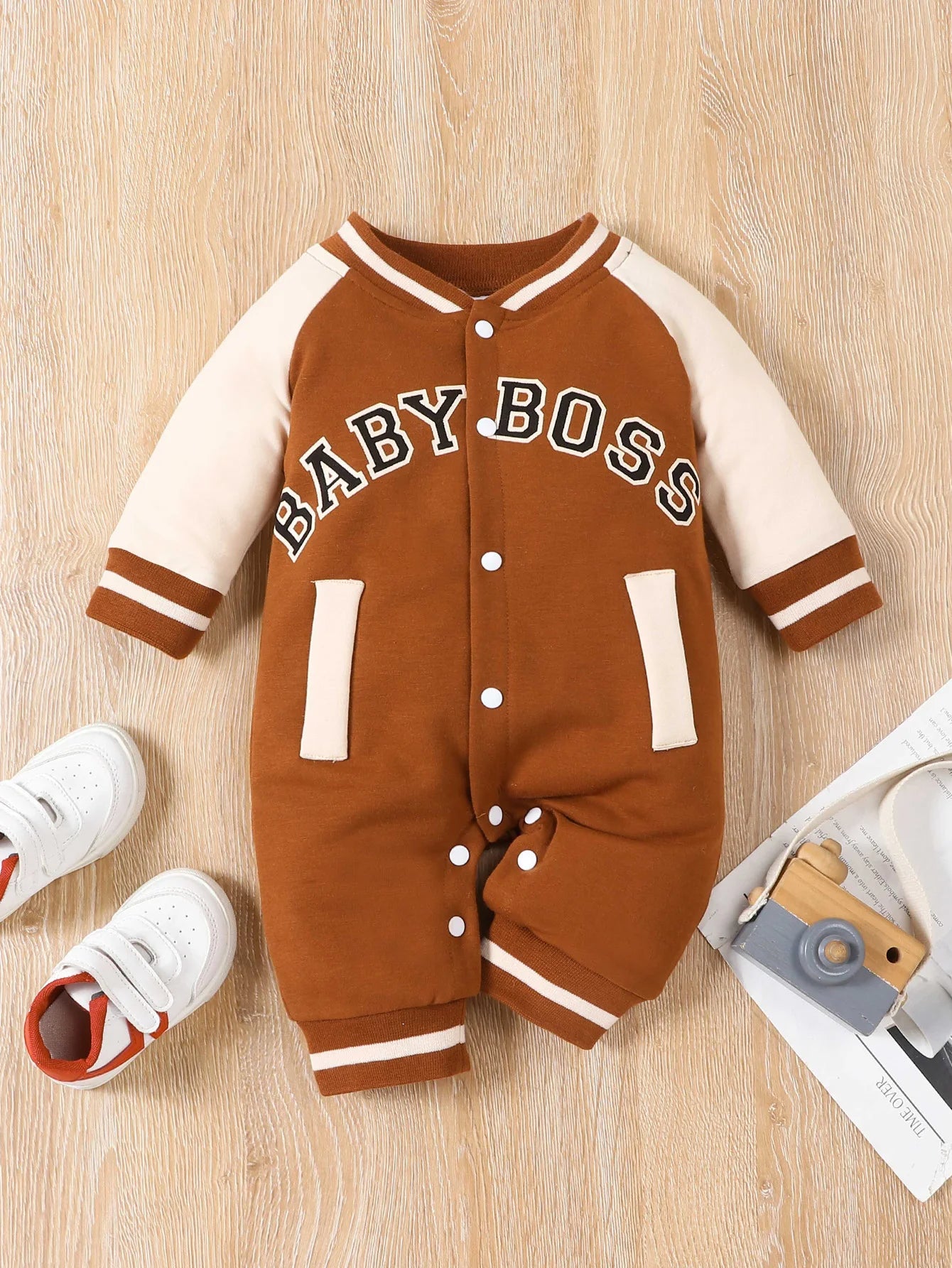 Personalized Baby Boy Jumpsuit – Letter Print Long Sleeve Round Neck Outfit