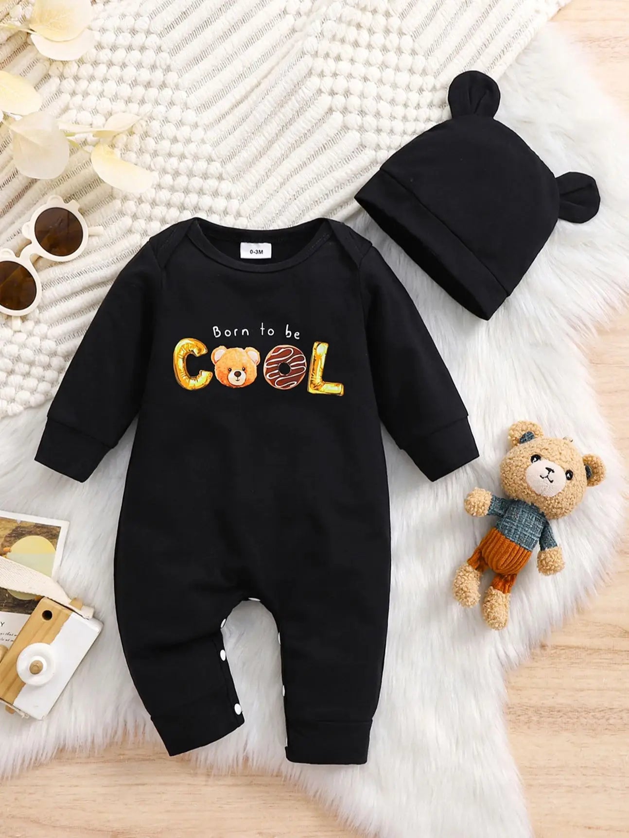 Born to Be Cool Baby Romper & Hat Set – Long Sleeve Cartoon Bear Jumpsuit (Autumn)