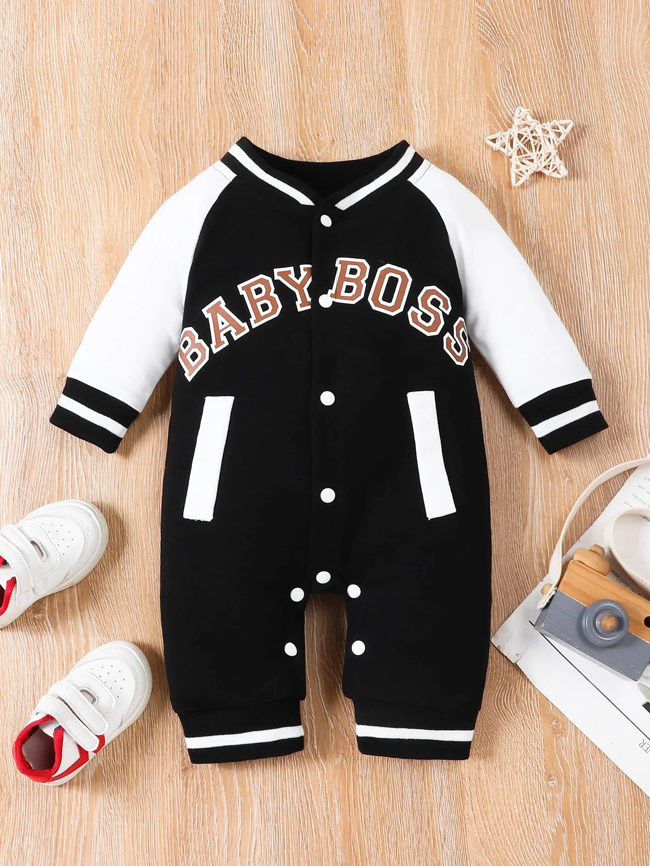 Personalized Baby Boy Jumpsuit – Letter Print Long Sleeve Round Neck Outfit