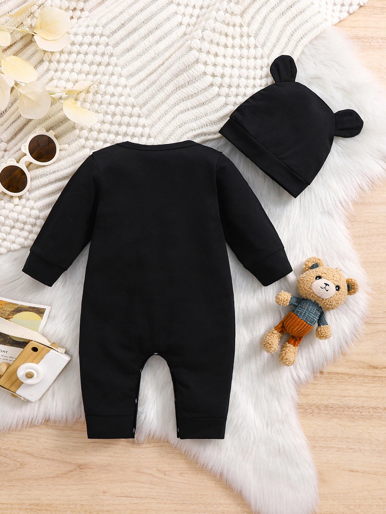 Born to Be Cool Baby Romper & Hat Set – Long Sleeve Cartoon Bear Jumpsuit (Autumn)