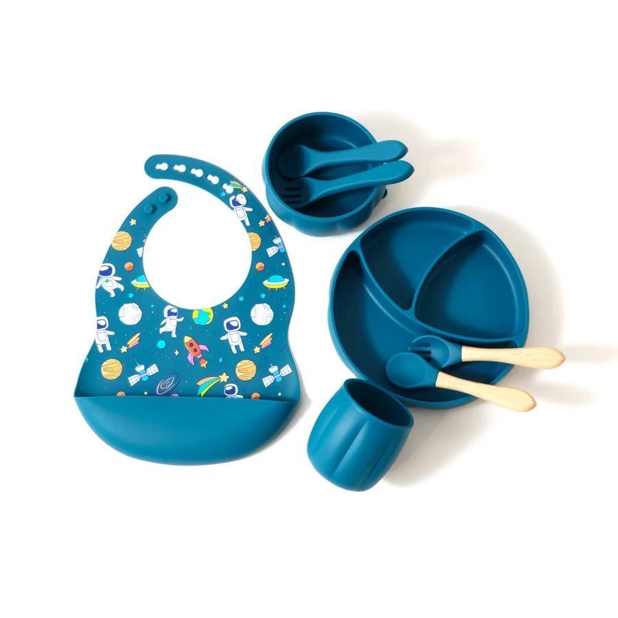 BPA-Free Baby Silicone Bib & Feeding Set – Baby Dishes, Plates, Sucker Bowl, Spoon, and Cup