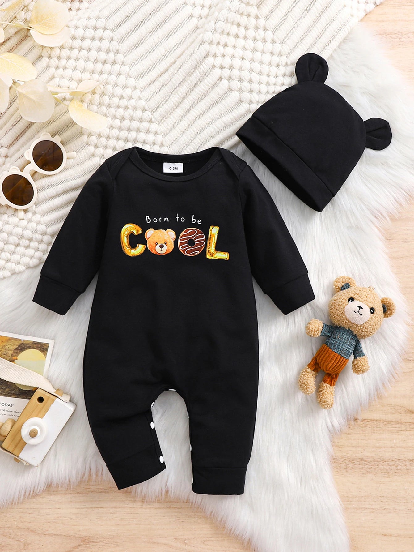 Born to Be Cool Baby Romper & Hat Set – Long Sleeve Cartoon Bear Jumpsuit (Autumn)