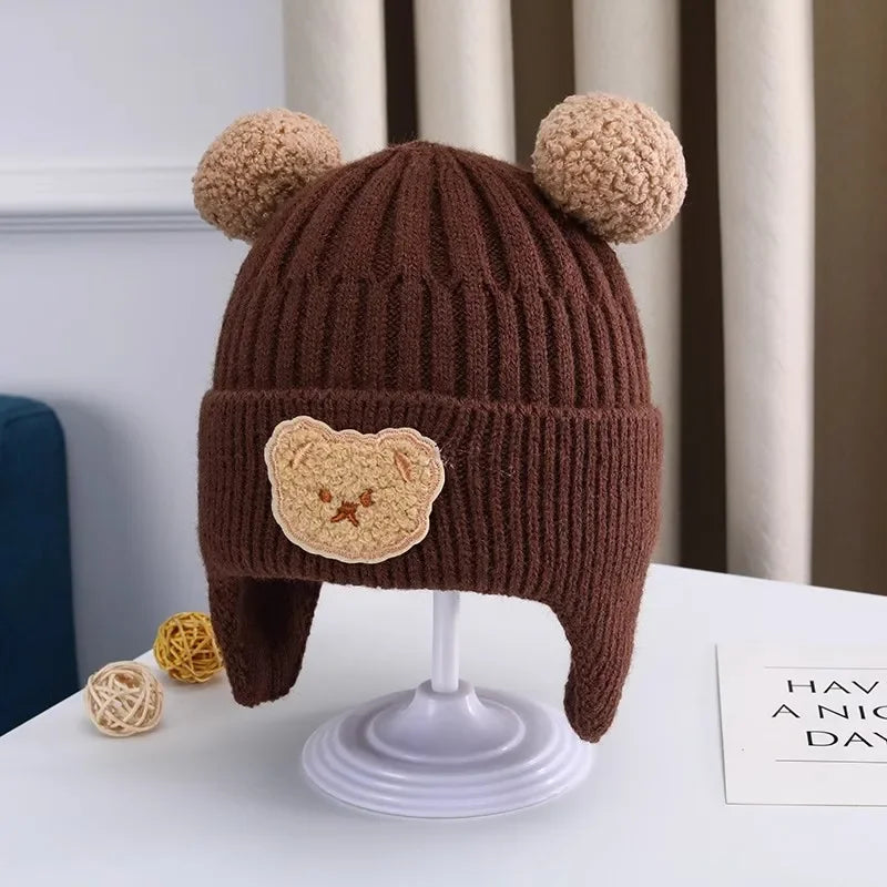 Baby Wool Hat – Cute Bear Design with Ear Protection, Warm Knitted Winter Hat for Kids