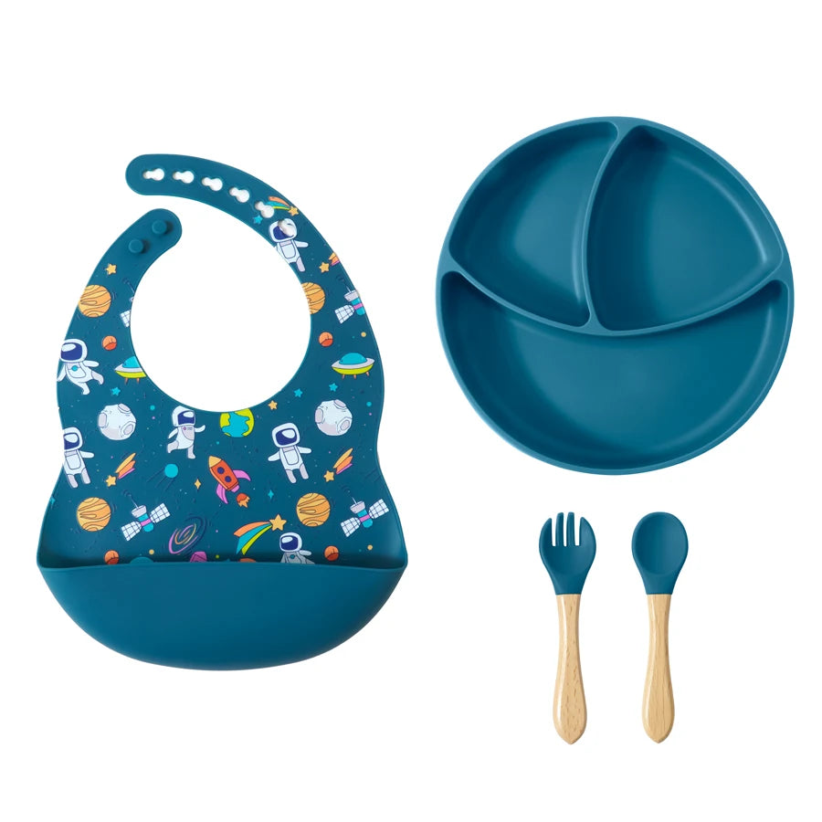 BPA-Free Baby Silicone Bib & Feeding Set – Baby Dishes, Plates, Sucker Bowl, Spoon, and Cup