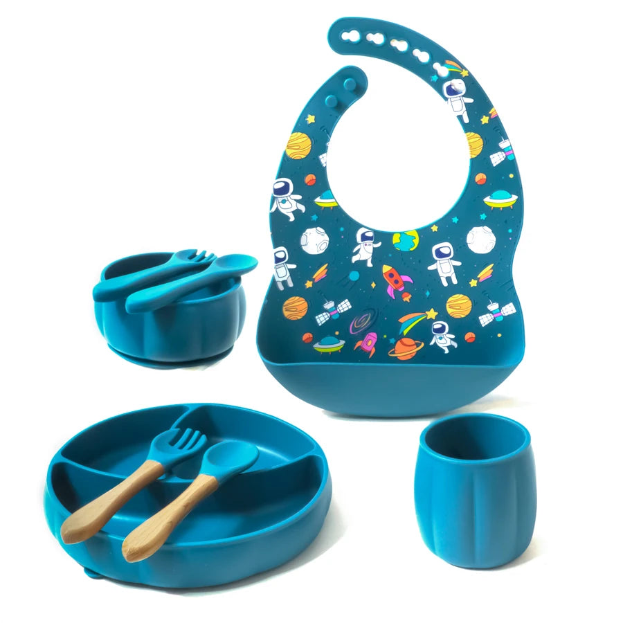 BPA-Free Baby Silicone Bib & Feeding Set – Baby Dishes, Plates, Sucker Bowl, Spoon, and Cup