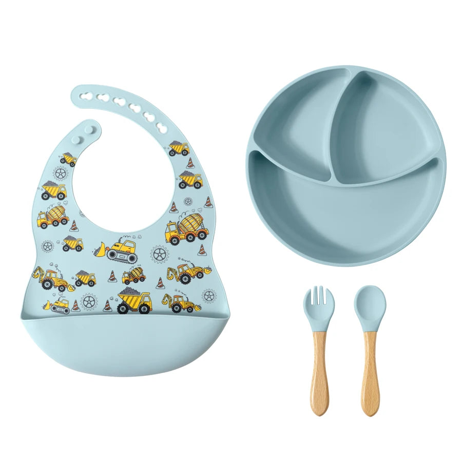 BPA-Free Baby Silicone Bib & Feeding Set – Baby Dishes, Plates, Sucker Bowl, Spoon, and Cup