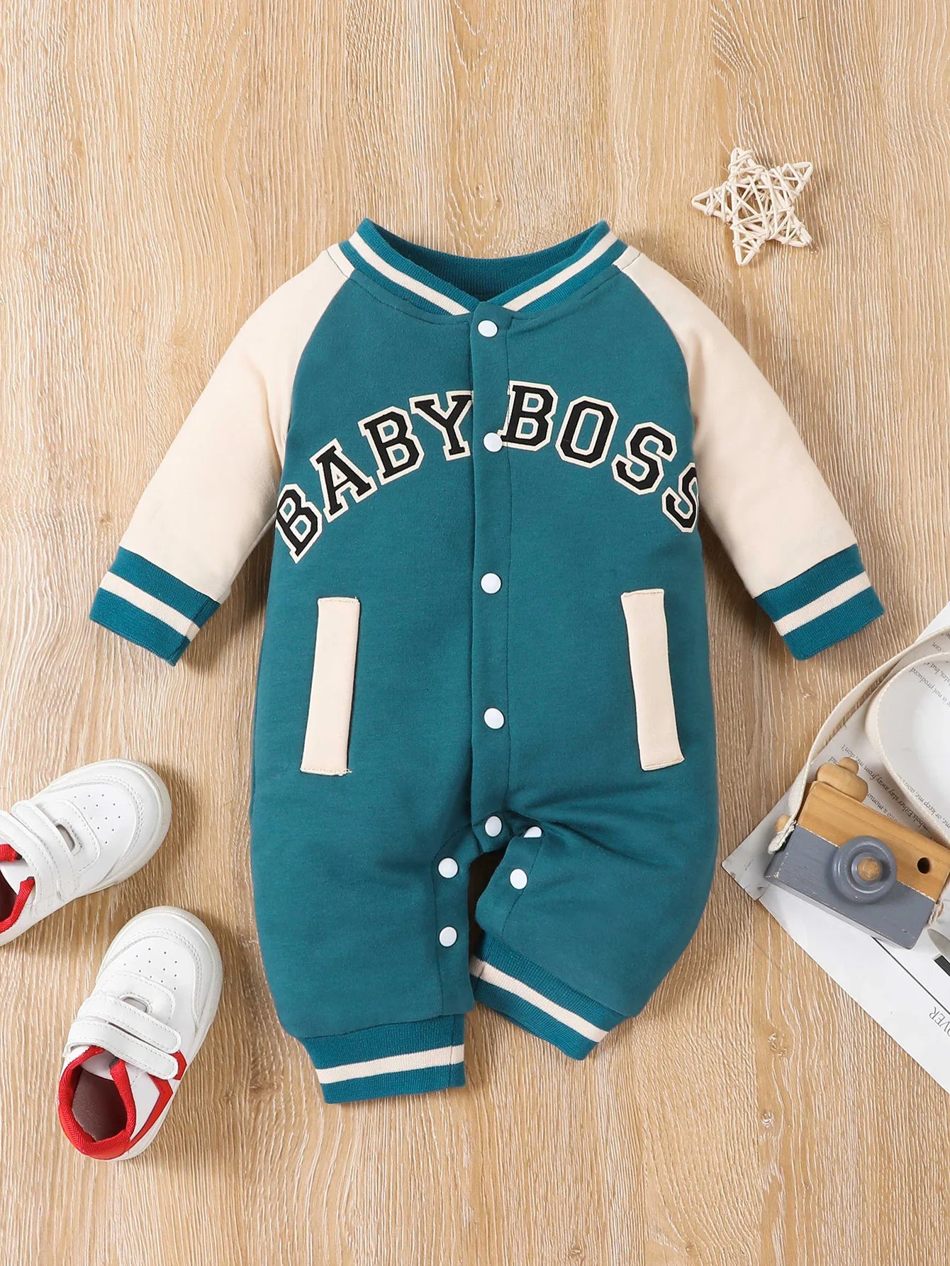 Personalized Baby Boy Jumpsuit – Letter Print Long Sleeve Round Neck Outfit