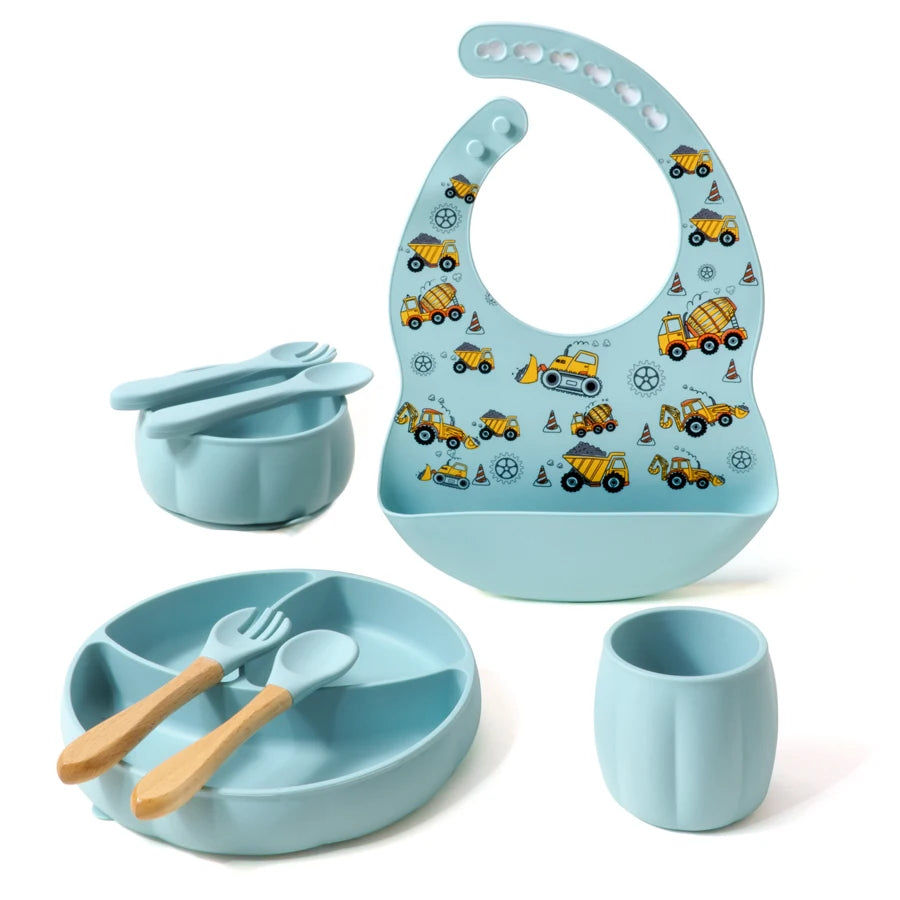 BPA-Free Baby Silicone Bib & Feeding Set – Baby Dishes, Plates, Sucker Bowl, Spoon, and Cup