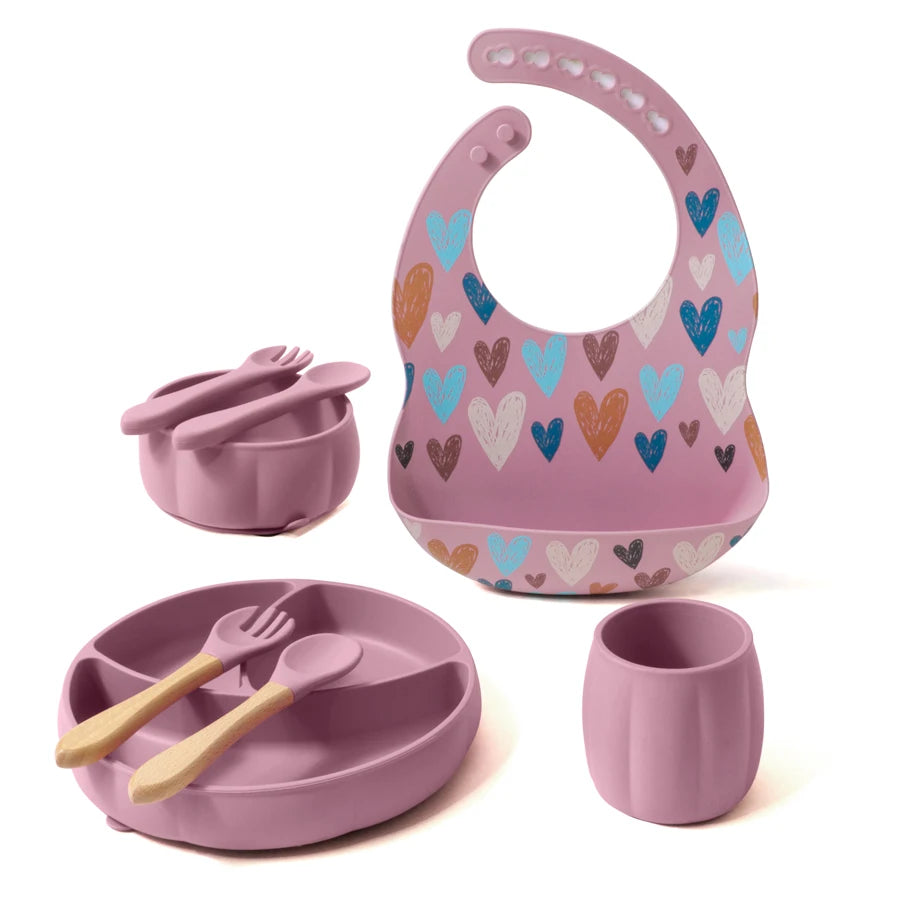 BPA-Free Baby Silicone Bib & Feeding Set – Baby Dishes, Plates, Sucker Bowl, Spoon, and Cup