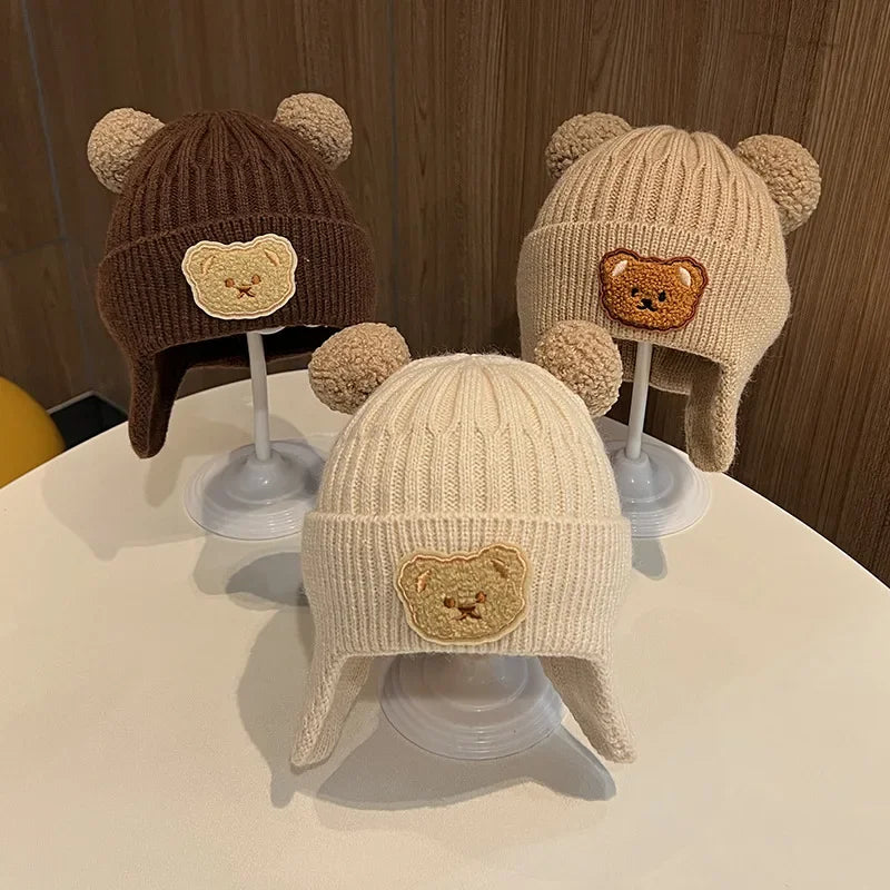 Baby Wool Hat – Cute Bear Design with Ear Protection, Warm Knitted Winter Hat for Kids