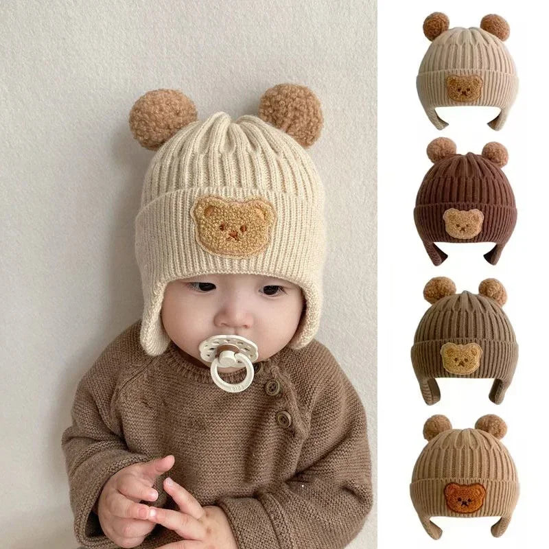 Baby Wool Hat – Cute Bear Design with Ear Protection, Warm Knitted Winter Hat for Kids