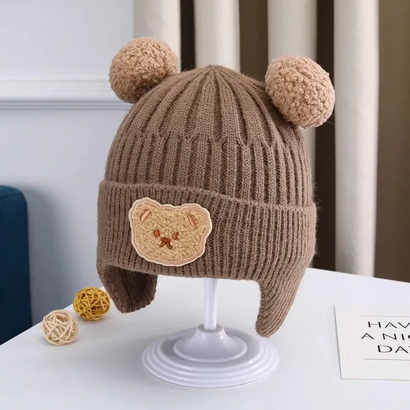 Baby Wool Hat – Cute Bear Design with Ear Protection, Warm Knitted Winter Hat for Kids