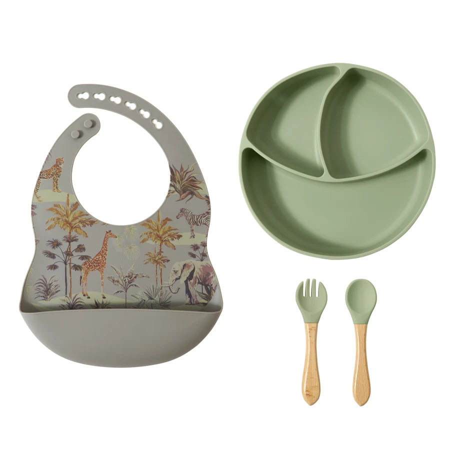 BPA-Free Baby Silicone Bib & Feeding Set – Baby Dishes, Plates, Sucker Bowl, Spoon, and Cup