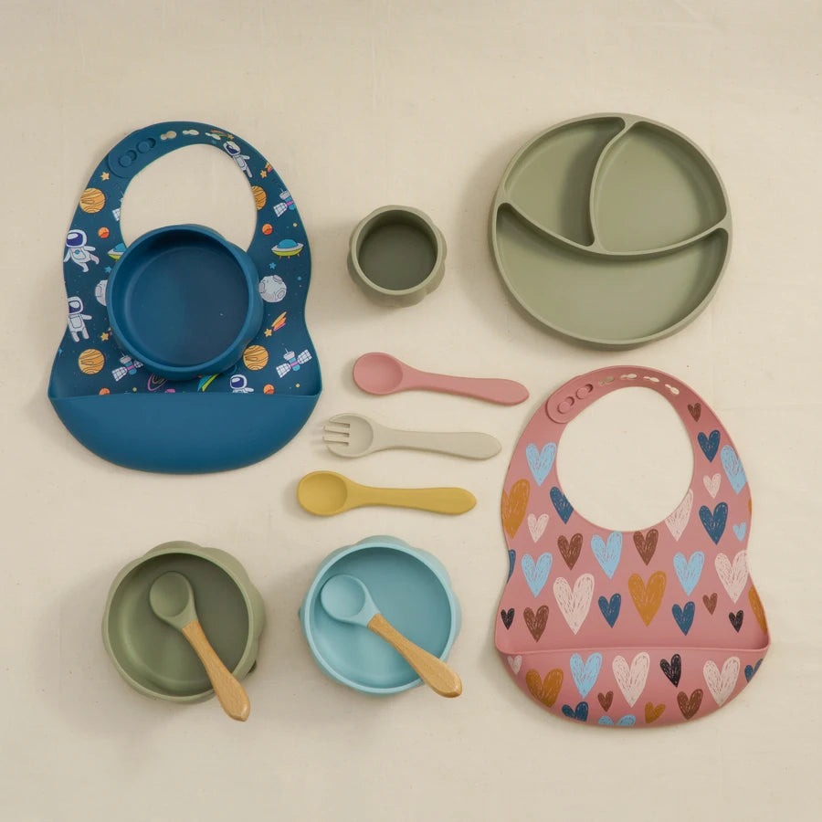 BPA-Free Baby Silicone Bib & Feeding Set – Baby Dishes, Plates, Sucker Bowl, Spoon, and Cup