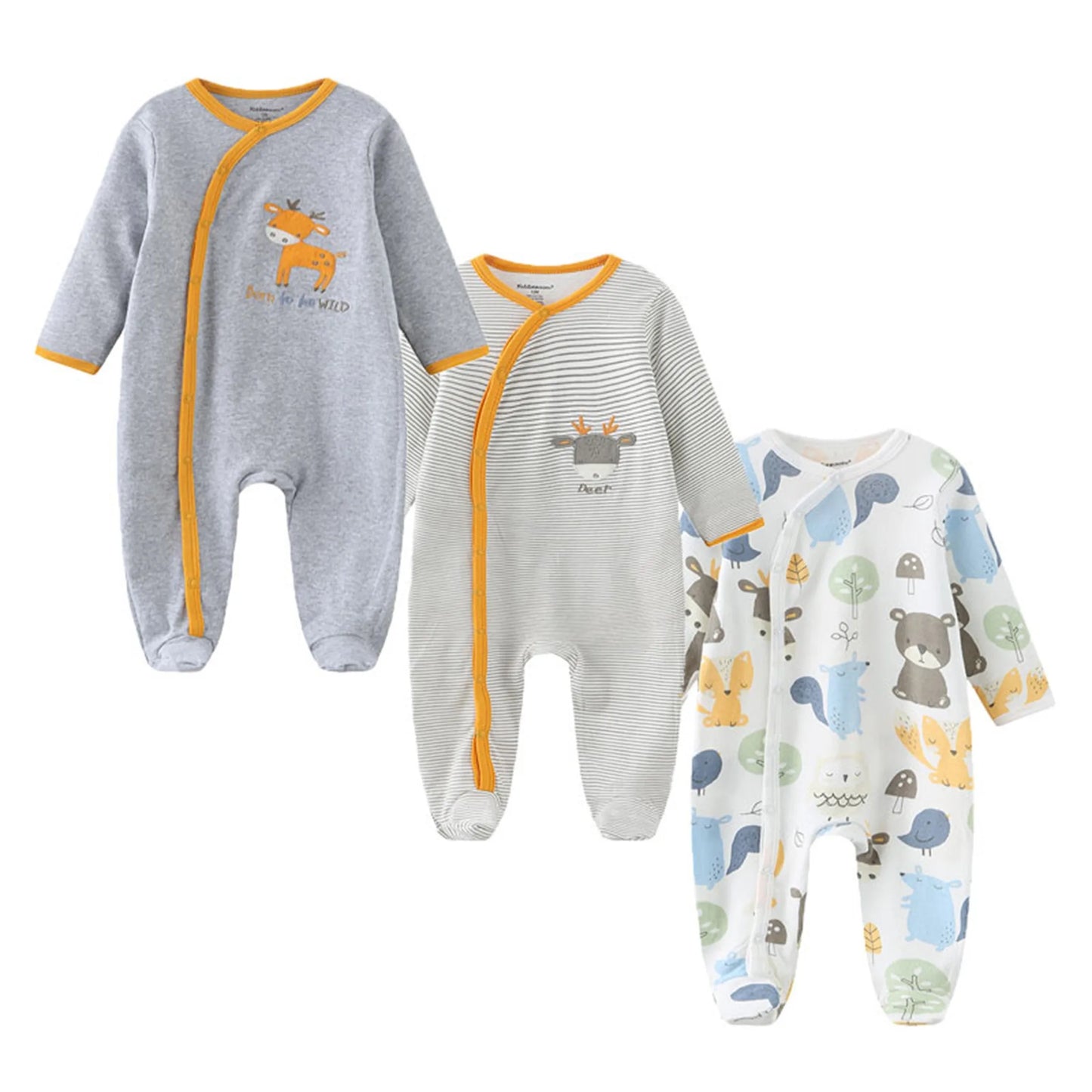 3-Pack Cartoon Baby Rompers – 100% Cotton Long Sleeve Jumpsuits (Unisex, Autumn/Winter)