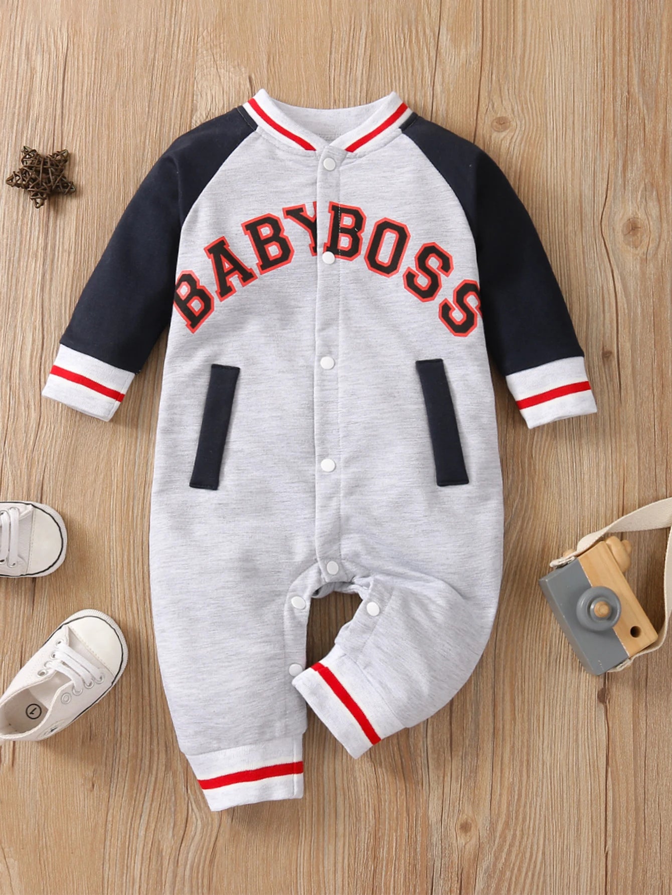 Personalized Baby Boy Jumpsuit – Letter Print Long Sleeve Round Neck Outfit