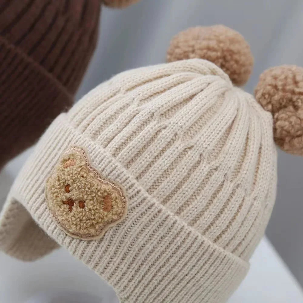 Baby Wool Hat – Cute Bear Design with Ear Protection, Warm Knitted Winter Hat for Kids