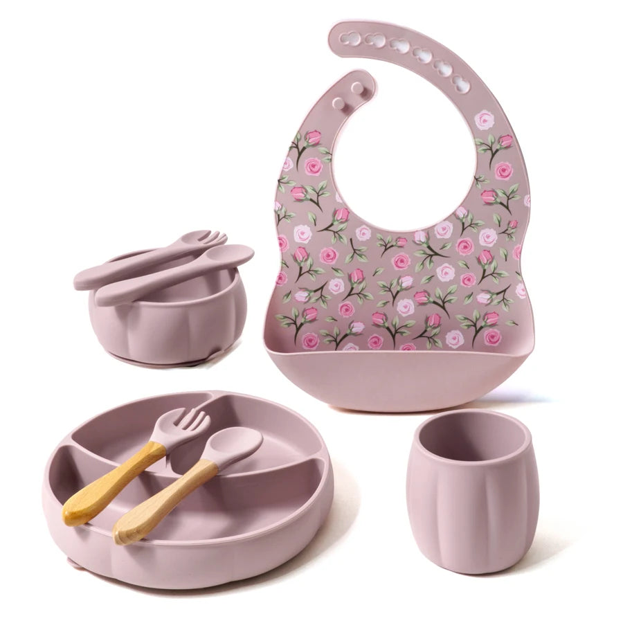 BPA-Free Baby Silicone Bib & Feeding Set – Baby Dishes, Plates, Sucker Bowl, Spoon, and Cup