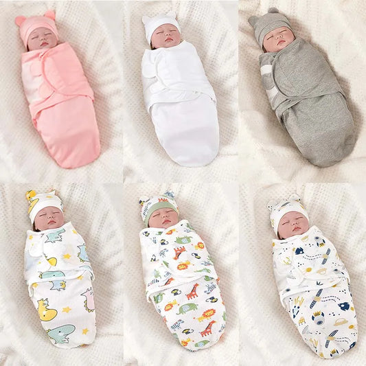 Baby Blanket, Newborn Cotton Swaddle & Hat Set – Cozy, Adjustable, Cartoon Prints (0-6 Months)