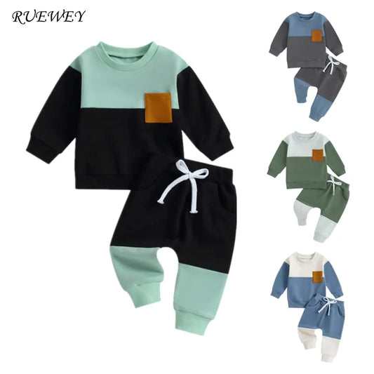 Baby Boy Contrast Color Outfit – Long Sleeve Sweatshirt & Pant Set (Spring/Autumn)