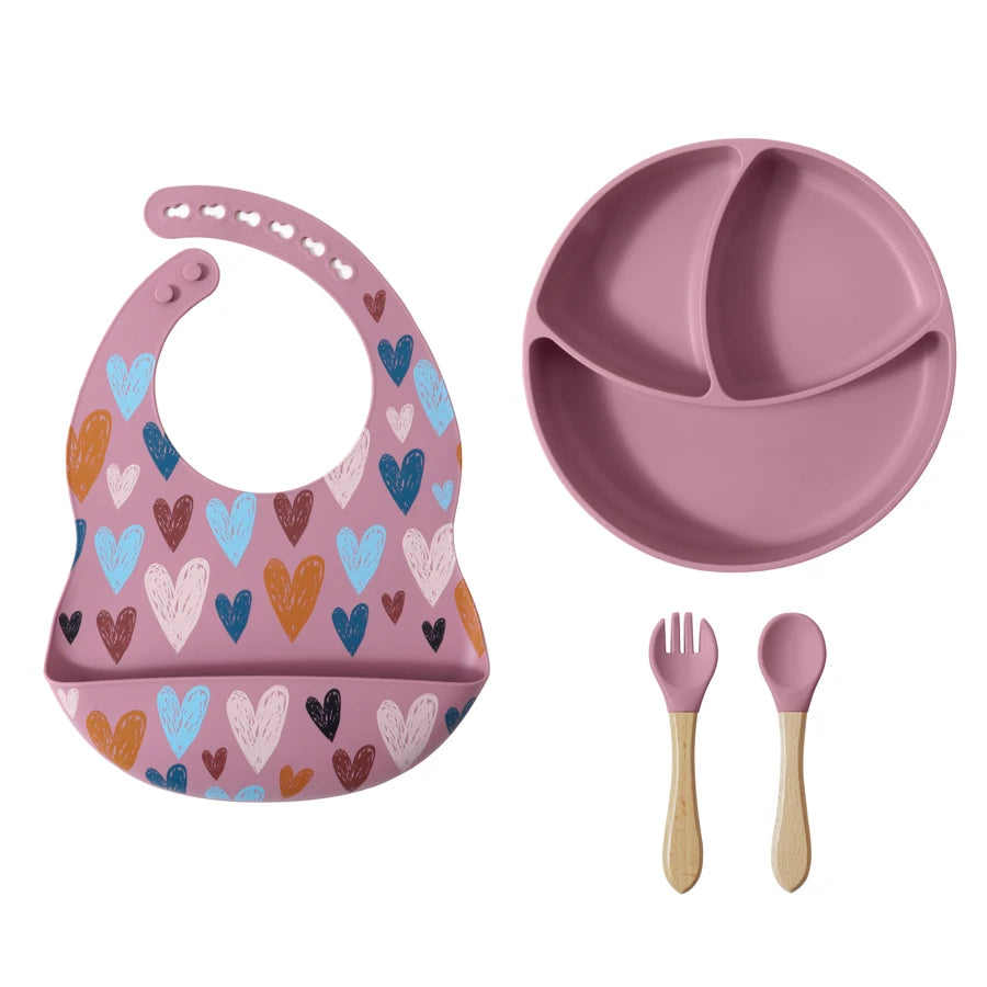 BPA-Free Baby Silicone Bib & Feeding Set – Baby Dishes, Plates, Sucker Bowl, Spoon, and Cup